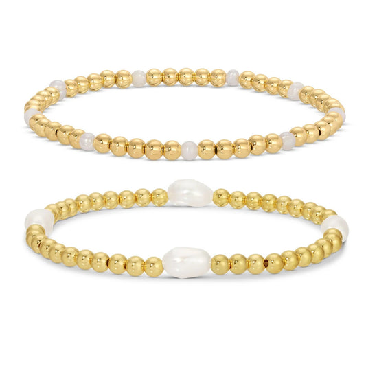 Set of Gold Bead Stretch Bracelet with Pearl Accents, Small Pearl
