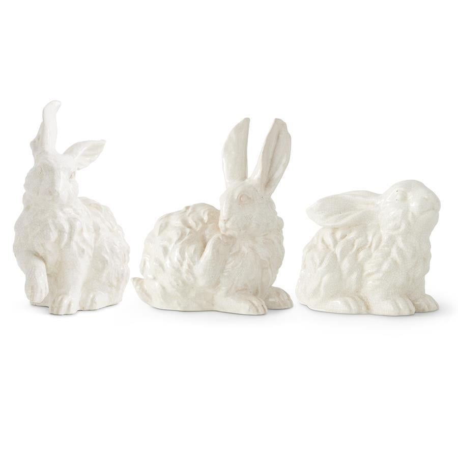 12 Inch White Glazed Terracotta Bunny With Leg Up