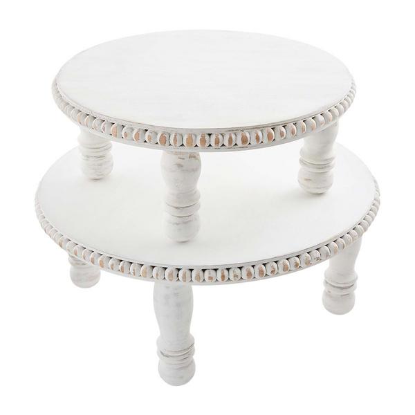 White Distressed Beaded Pedestal Tray Large
