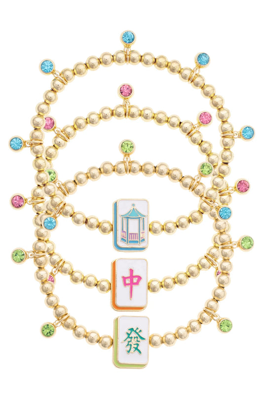 Mahjong Lucky Charms Rhinestone Ball Bead Bracelet