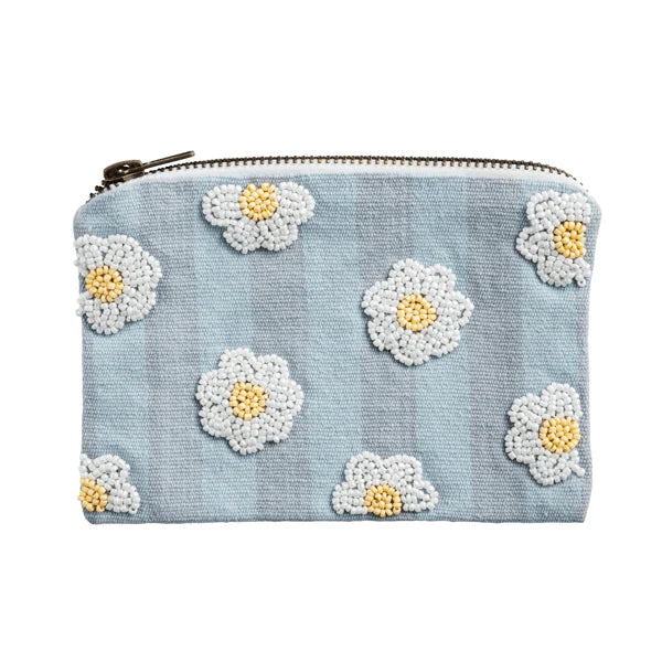 Blue Stripe Floral Bead Zipper Pouch