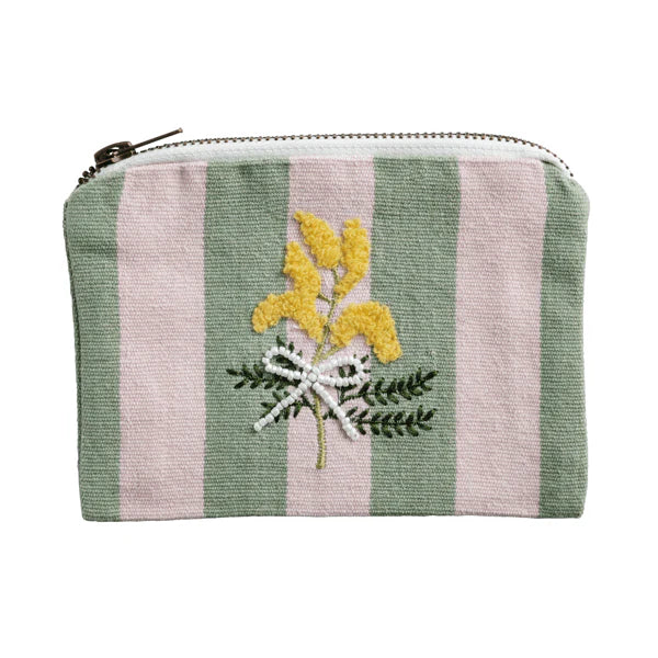 Pink Green Stripe Floral Embroidery Zipper Pouch