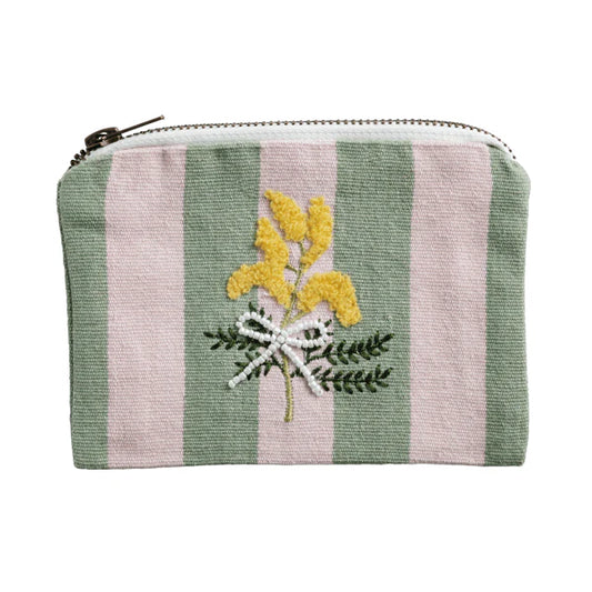 Pink Green Stripe Floral Embroidery Zipper Pouch