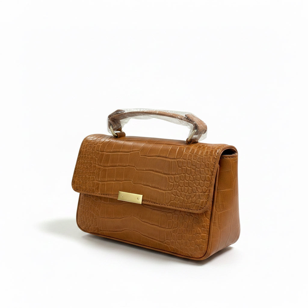 Wilma Faux Croc Mini Flap Top Handle Crossbody Golden Tan