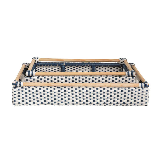 Rattan Plastic Blue White Tray Set