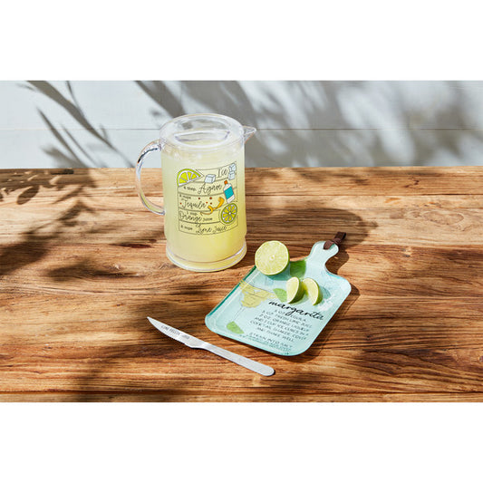 Clear acrylic pitcher with margarita drink recipe and lemon illustrations