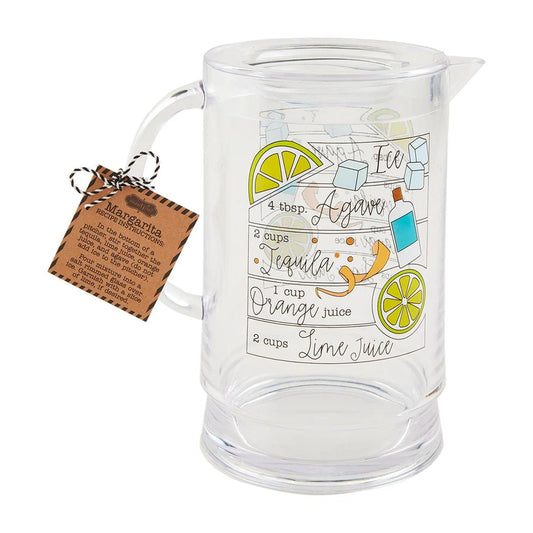 Clear acrylic pitcher with margarita drink recipe and lemon illustrations