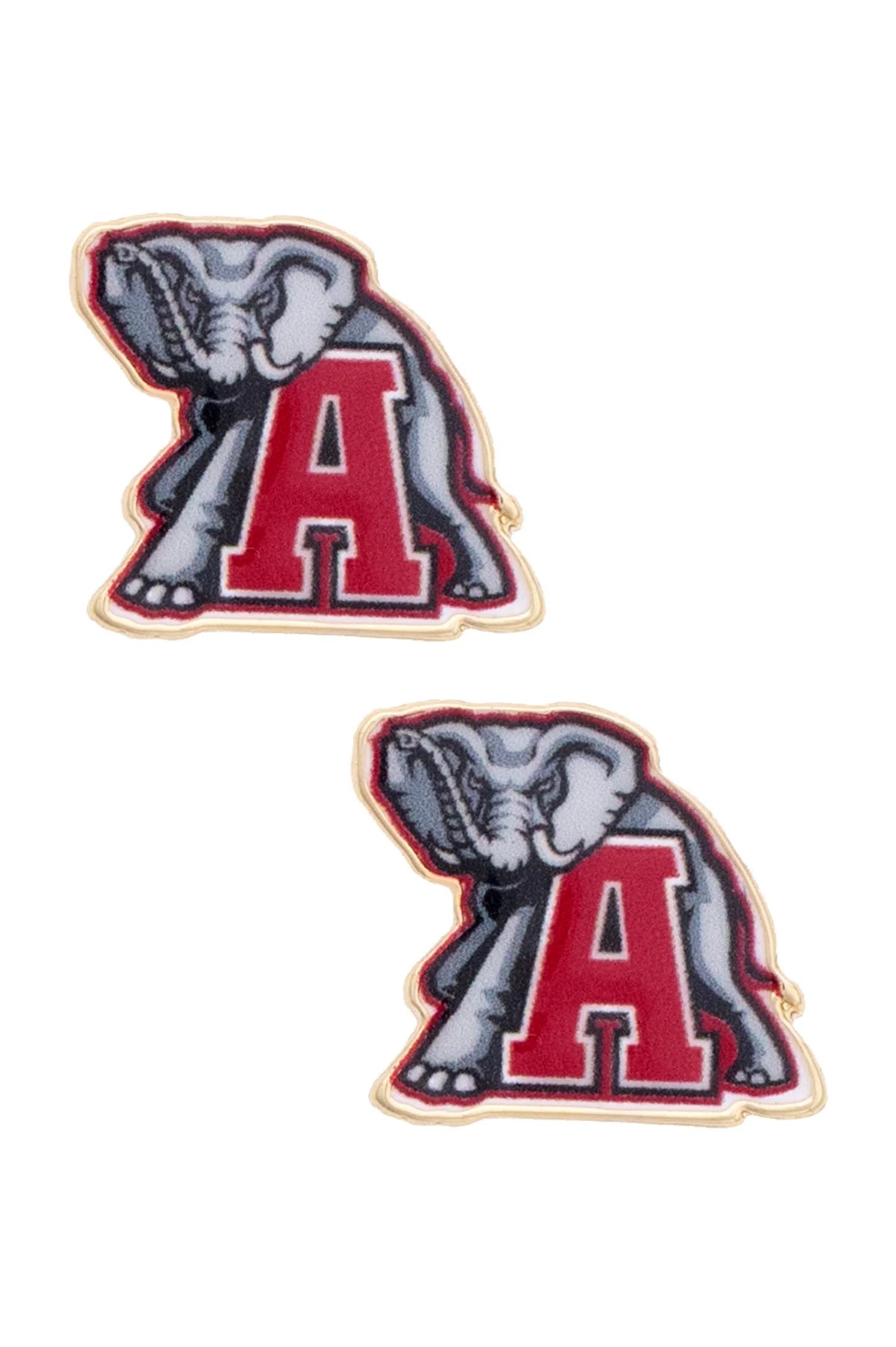 Two earrings featuring an elephant with a red 'A' on a white background for alabama crimson tide