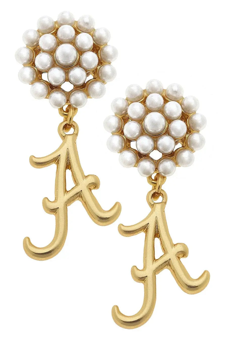 university of alabama Gold earrings with pearl-like beads and letter 'A' charm on a white background