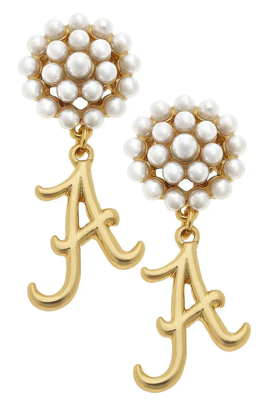 university of alabama Gold earrings with pearl-like beads and letter 'A' charm on a white background