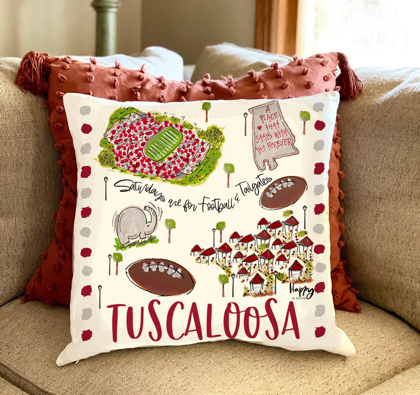 Alabama Double Sided Pillow with tuscaloosa and tailgate scene at university of alabama