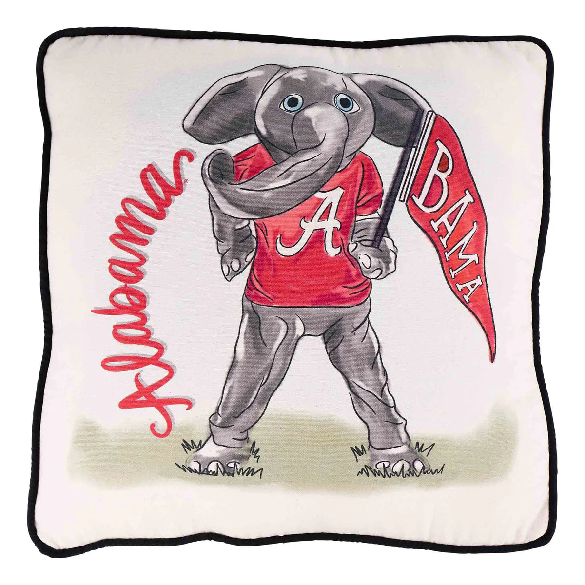 Decorative pillow with a painted university of alabama elephant holding an Alabama flag on a white background