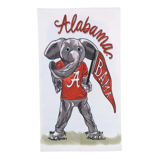 Illustration of university of alabama big al mascot holding a red banner with 'bama' on a white background