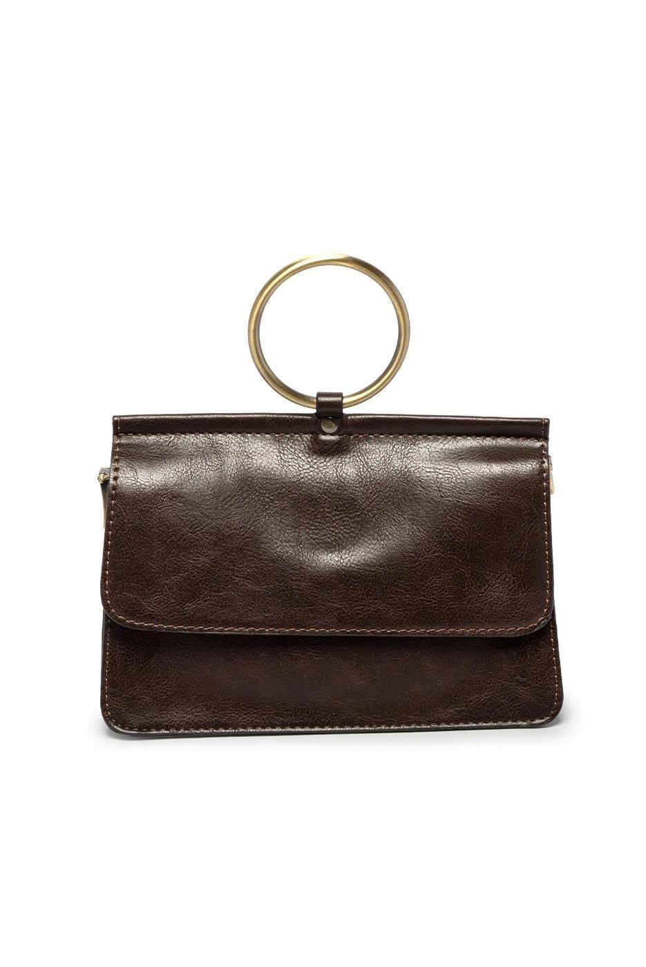 A dark brown leather clutch bag with a top flap and a prominent circular gold-tone metal handle, shown against a plain white background.