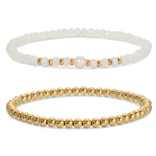 Beaded Duo Pearl Bracelet Set, White Crystal