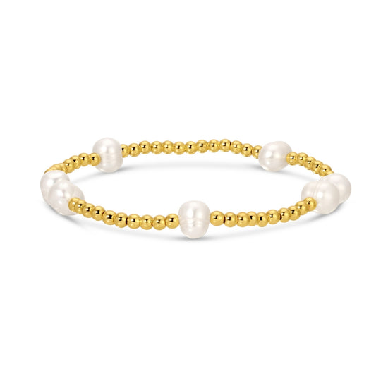 3mm Stretch Bead Bracelet with Large Pearl Accents, Gold