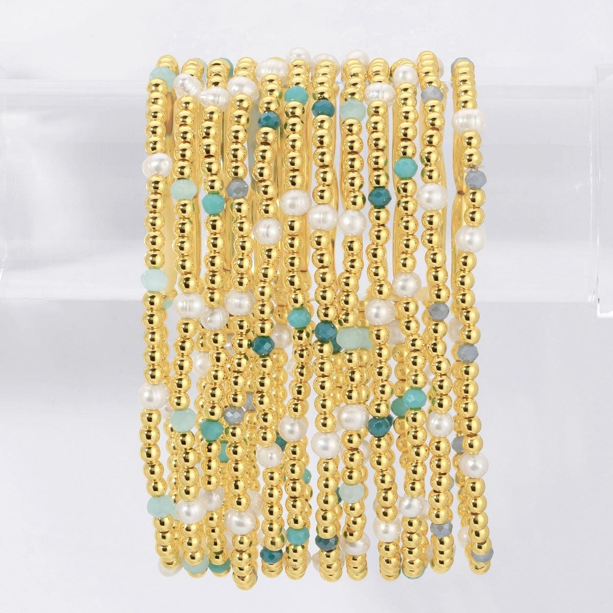 3mm Gold Beaded Bracelet, Blue Crystal and Pearl Accents