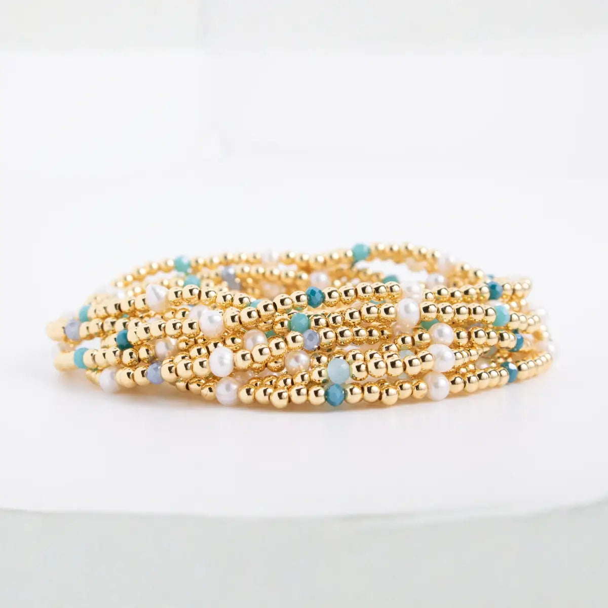 3mm Gold Beaded Bracelet, Blue Crystal and Pearl Accents