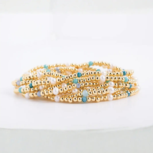 3mm Gold Beaded Bracelet, Blue Crystal and Pearl Accents