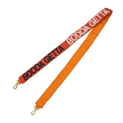 Orange and navy Auburn beaded purse strap with Bodda Getta lettering and gold-tone clips