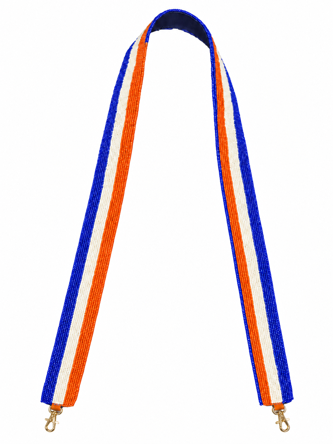 Blue, white, and orange beaded purse strap with gold-tone clips