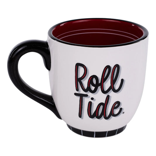 White mug with black handle and 'Roll Tide' text on a white background