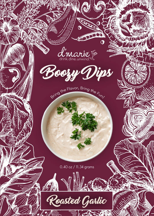 Product packaging for 'Boozy Dips' roasted garlic flavor on a purple background with white illustrations.