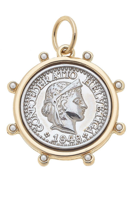 Pearl Studded Coin Charm in Shiny Two Tone