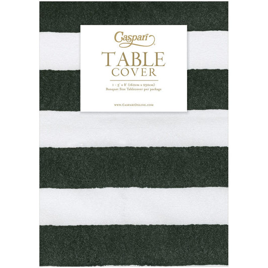 Striped black and white table cover with a Caspari label on a white background