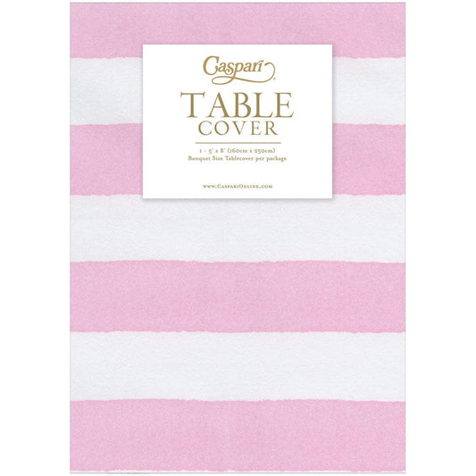 Pink and white striped table cover with Caspari branding on a white background