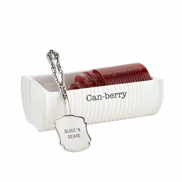 2-piece Cranberry serving dish set  with serving dish and spatula. Cranberry serving dish features debossed sentiment that reads "Can-berry". vintage style spatula reads "slice n' serve".