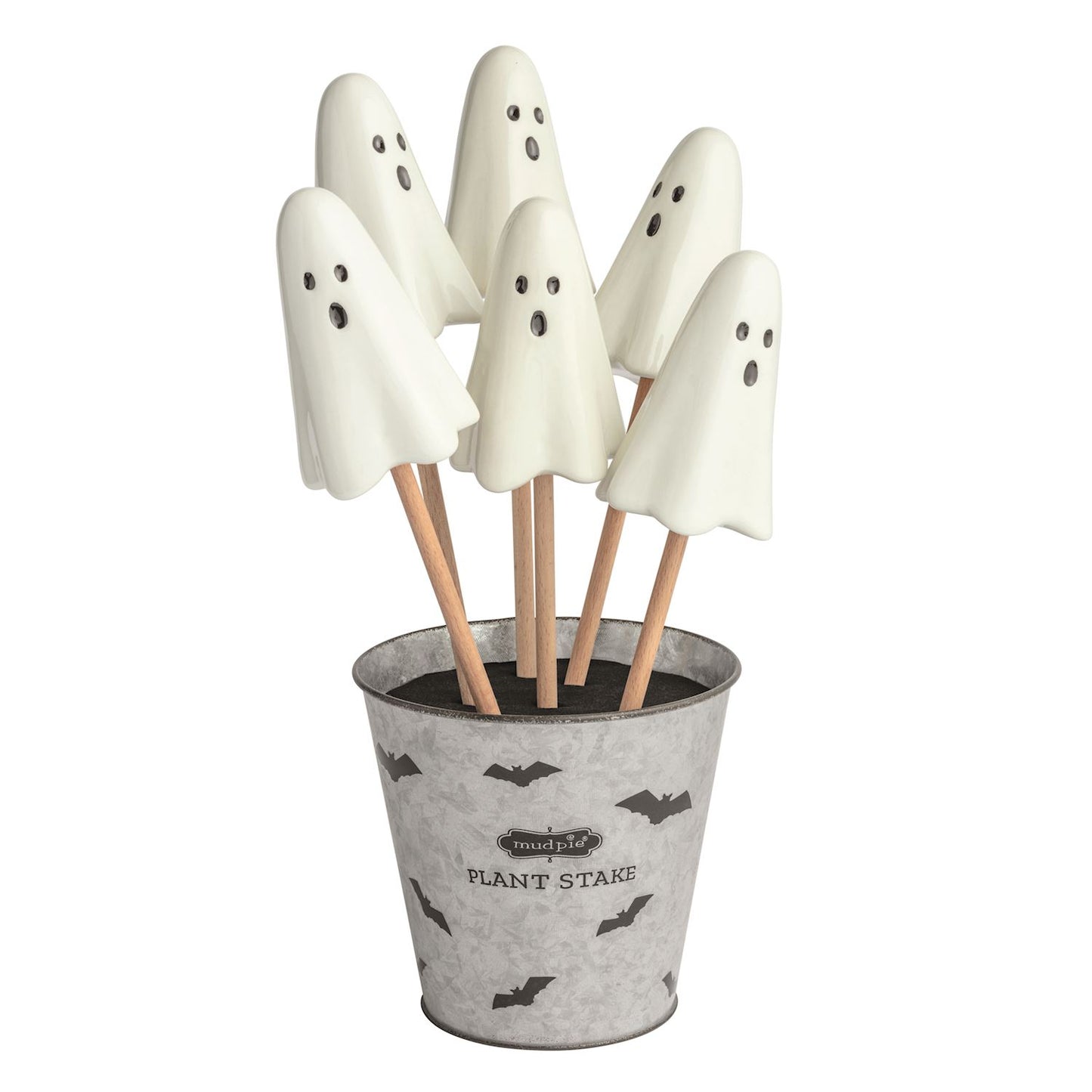 Set of ghost-shaped plant stakes in a pot with bat designs on a white background