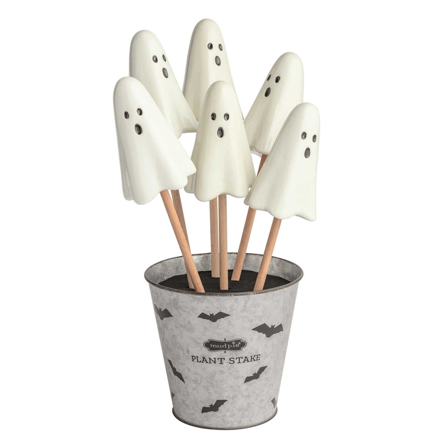 Set of ghost-shaped plant stakes in a pot with bat designs on a white background