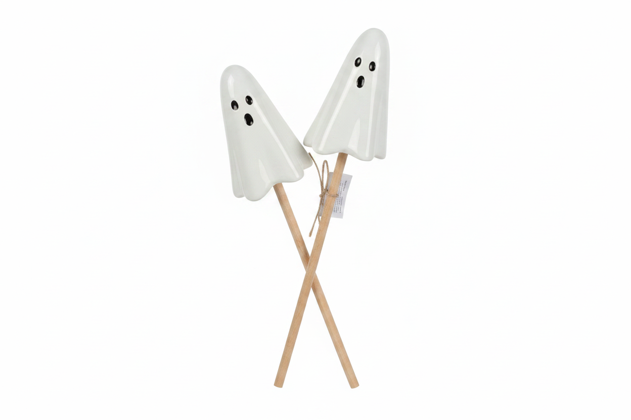 Two white ghost-shaped decorative objects with black eyes and mouths, mounted on crossed light wood sticks, shown against a plain white background.