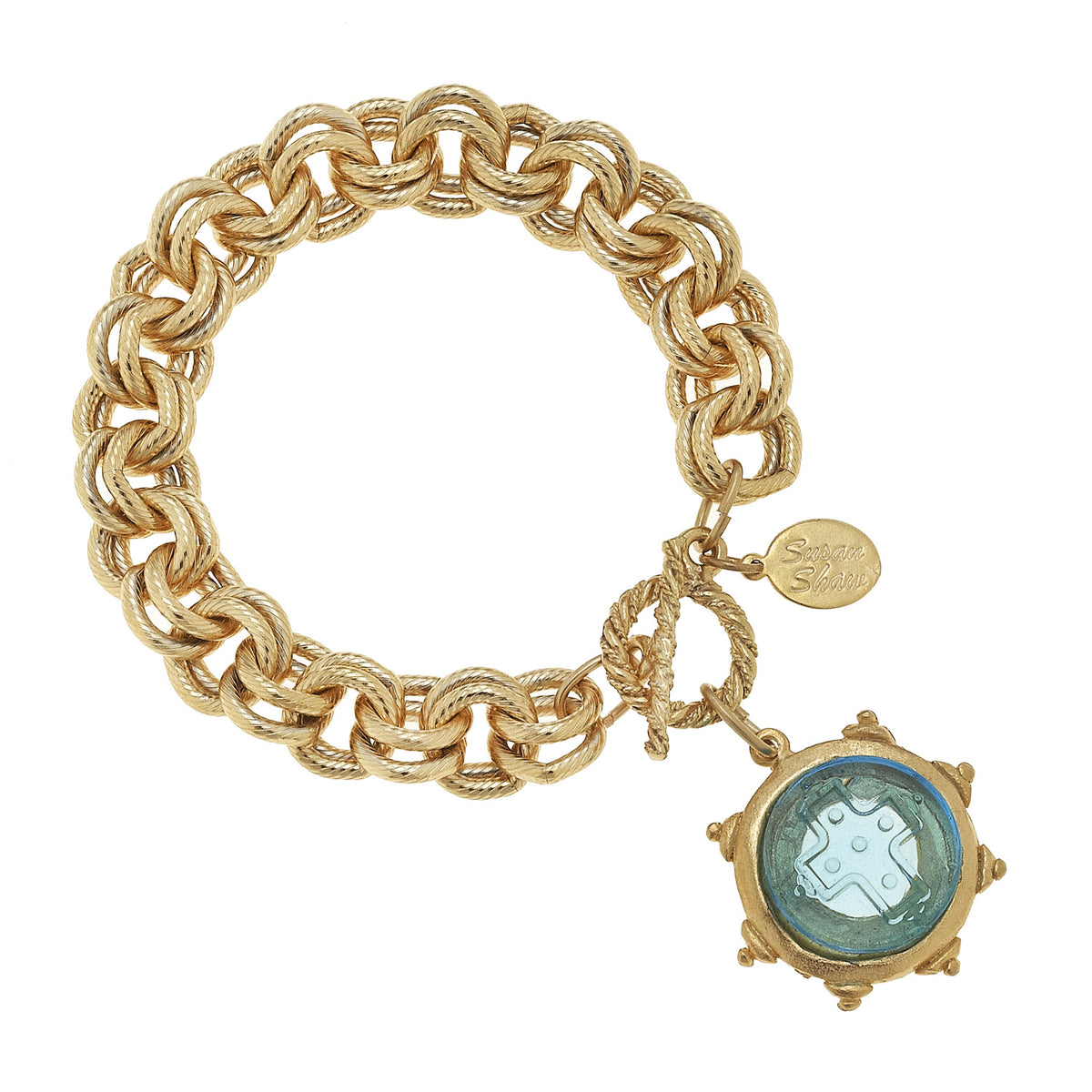 Gold Venetian Glass Cross Bracelet, Aqua
