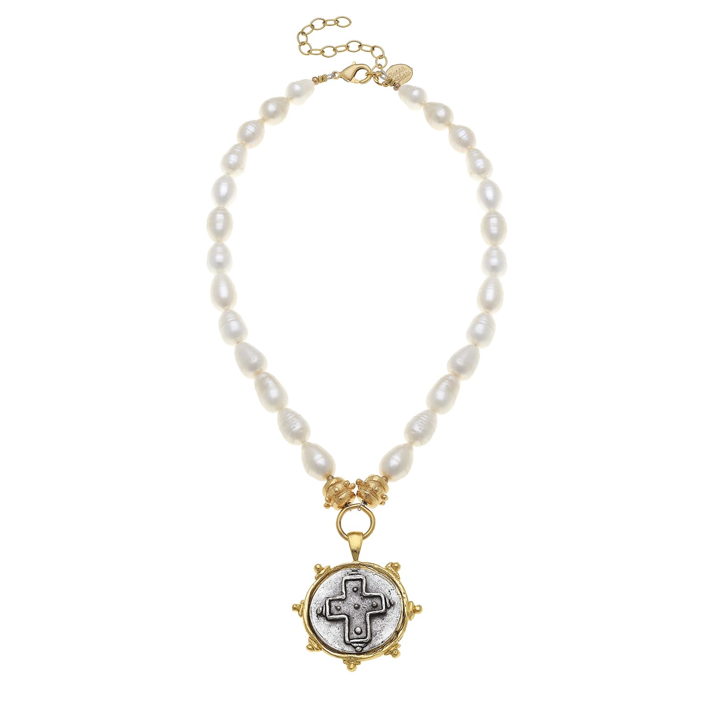 Gold/Silver Cross Intaglio Freshwater Pearl Necklace
