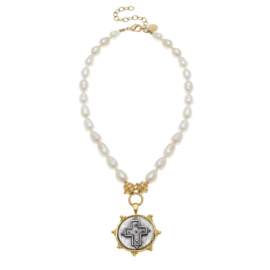 Gold/Silver Cross Intaglio Freshwater Pearl Necklace