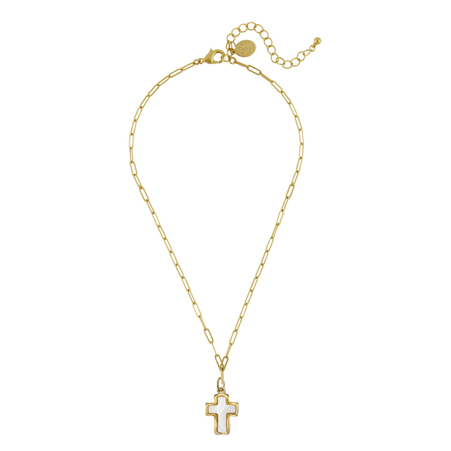 Mother of Pearl Cross, Paperclip Chain Necklace