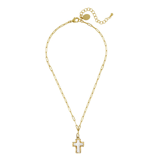 Mother of Pearl Cross, Paperclip Chain Necklace