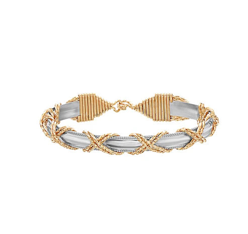 14k Gold-filled wire and Sterling Silver handcrafted bracelet with gold X design.