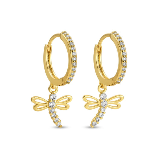 Earrings - Pave Huggies with Dragonfly Charm