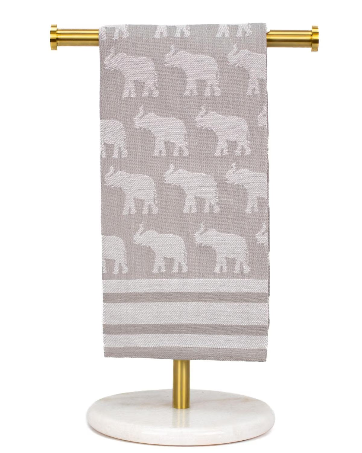 Gray jacquard hand towel with woven white elephant pattern and striped border