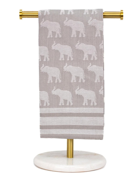 Gray jacquard hand towel with woven white elephant pattern and striped border