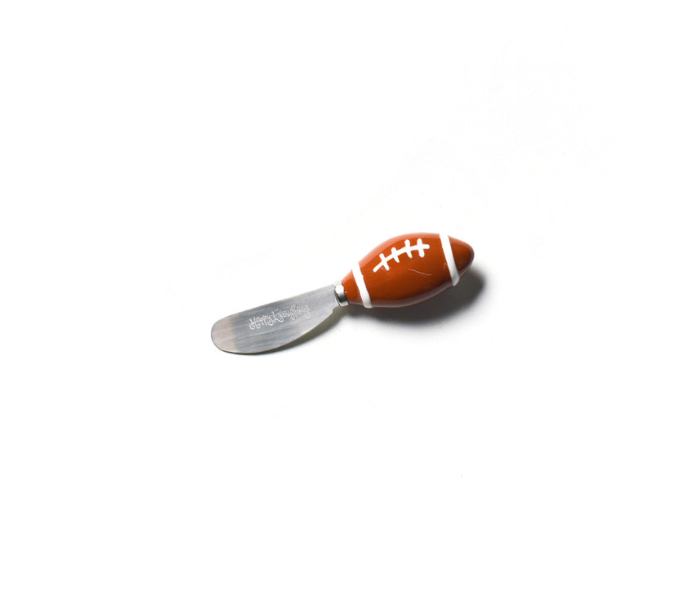 A novelty cheese knife with a football-shaped handle in brown and white, and a silver metal blade, shown on a plain white background.