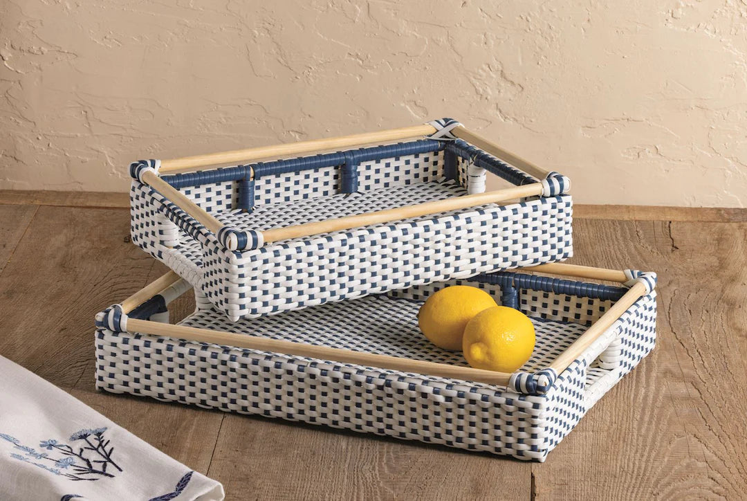 Rattan Plastic Blue White Tray Set