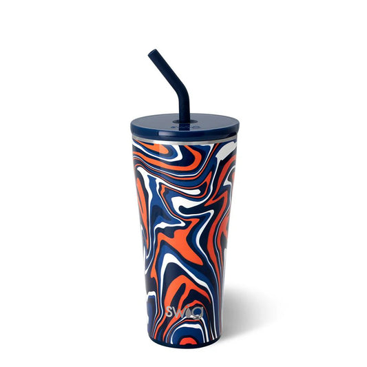 marbled stripe navy blue and orange and white colors on a large tumbler cup with navy lid and navy straw and brand SWIG written on the tumbler