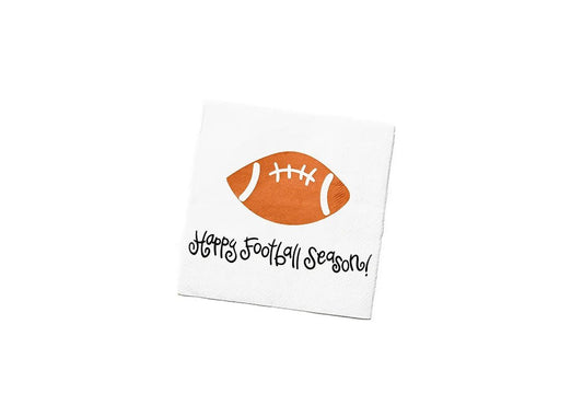 A white square napkin featuring an orange football graphic with white laces and the text 'Happy Football Season!' in black script, shown on a plain white background.