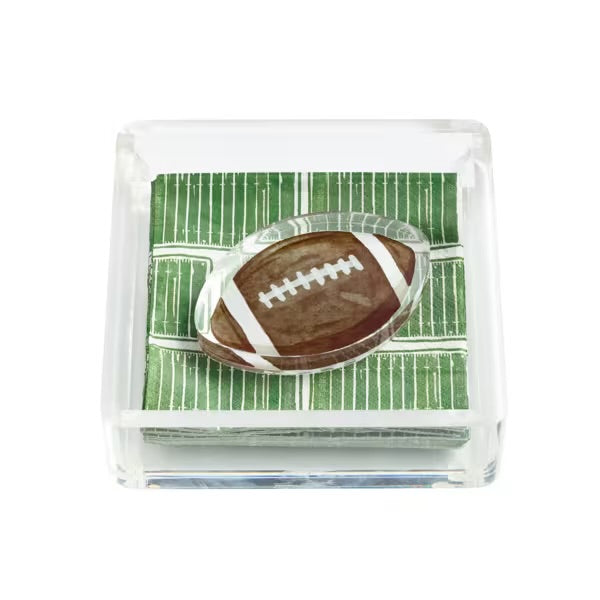 clear acrylic square napkin holder with green stripe napkins and acrylic football napkin weight