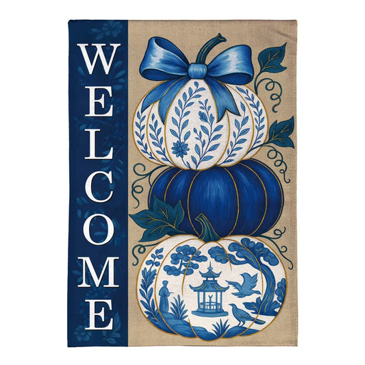 Chinoiserie Welcome Pumpkin Burlap Flag Garden
