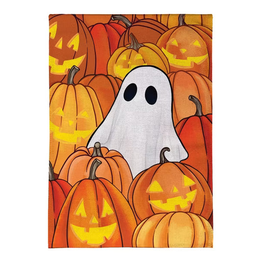 Pumpkin Patch Ghost Burlap Flag Garden